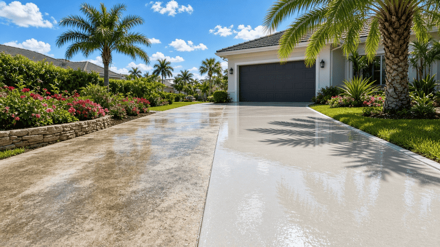 Pressure washed concrete driveway