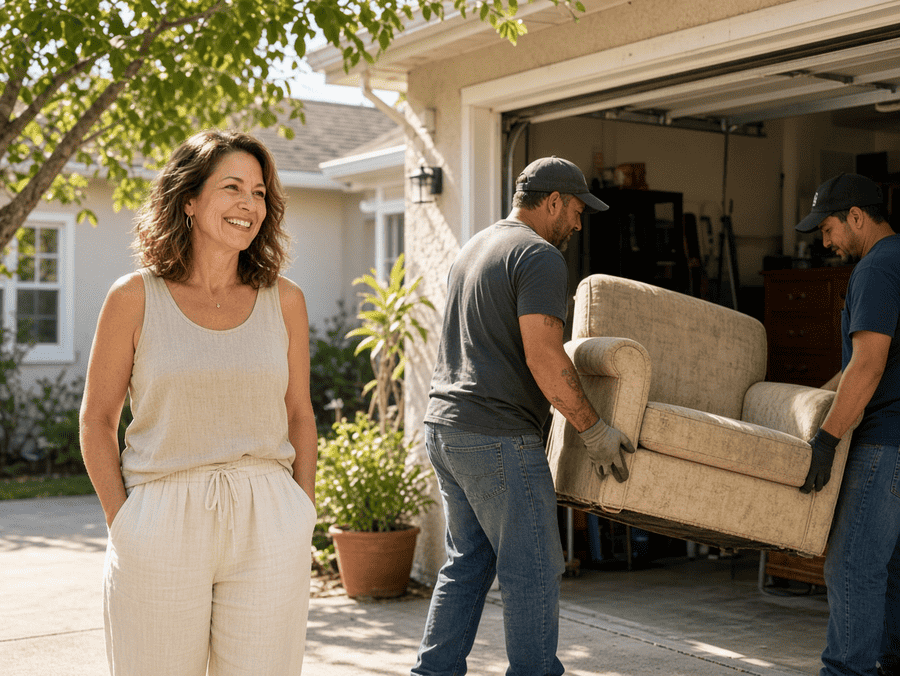 Person standing beside a junk-removal truck