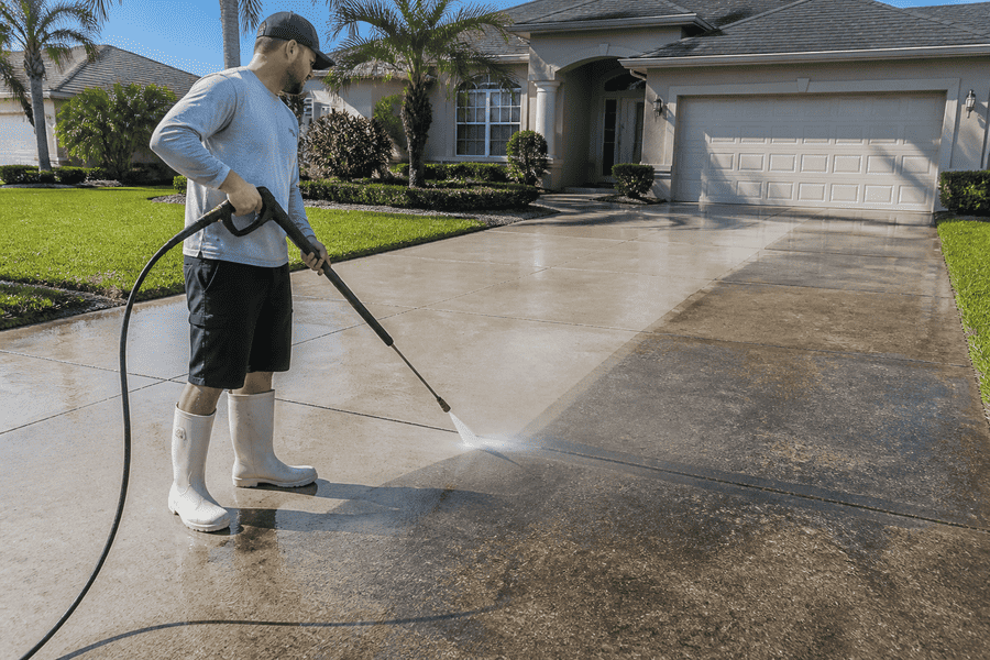 Pressure washing driveway and exterior in Tampa