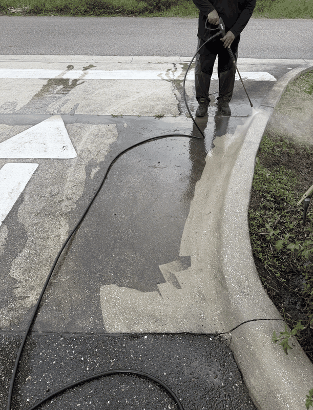 Real job photo: dirty curb beside a pressure-washed section